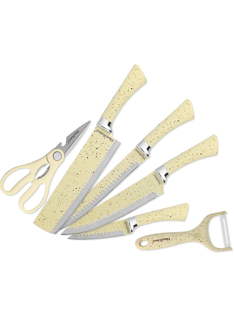 HausRoland 6 Pieces Knife Set with Dotted Handles, Stainless Steel and Non-Stick Blades, Including Peeler and Scissor, Kitchen Cutlery Knives Set, Utensil Sets for Daily Use with Gift Box  - Image 1