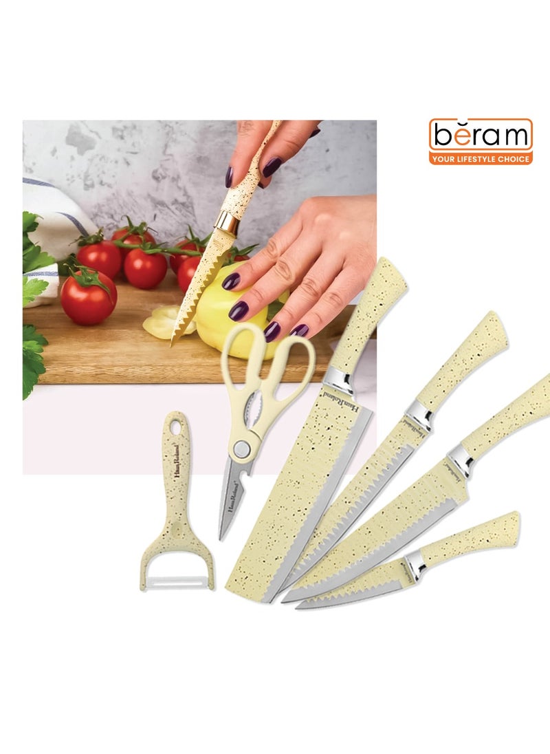 HausRoland 6 Pieces Knife Set with Dotted Handles, Stainless Steel and Non-Stick Blades, Including Peeler and Scissor, Kitchen Cutlery Knives Set, Utensil Sets for Daily Use with Gift Box  - Image 5