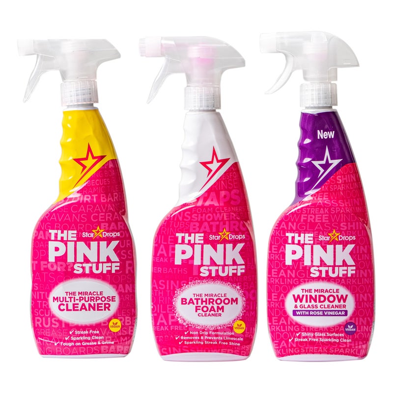 Stardrops - The Pink Stuff - The Miracle Multi-Purpose Spray, Window & Glass Cleaner, and Bathroom Foam Spray Bundle (1 Multi-Purpose Spray, 1 Window & Glass Cleaner, 1 Foam Spray) - Image 1