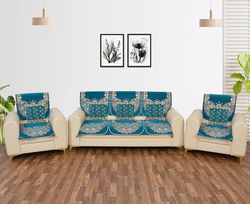 Dazzling DECOR 5 Seater Sofa Cover Set (3+1+1) with Cushion Covers – Stretchable, Anti-Slip, Washable Fabric Couch Cover – Sky Blue - Image 1