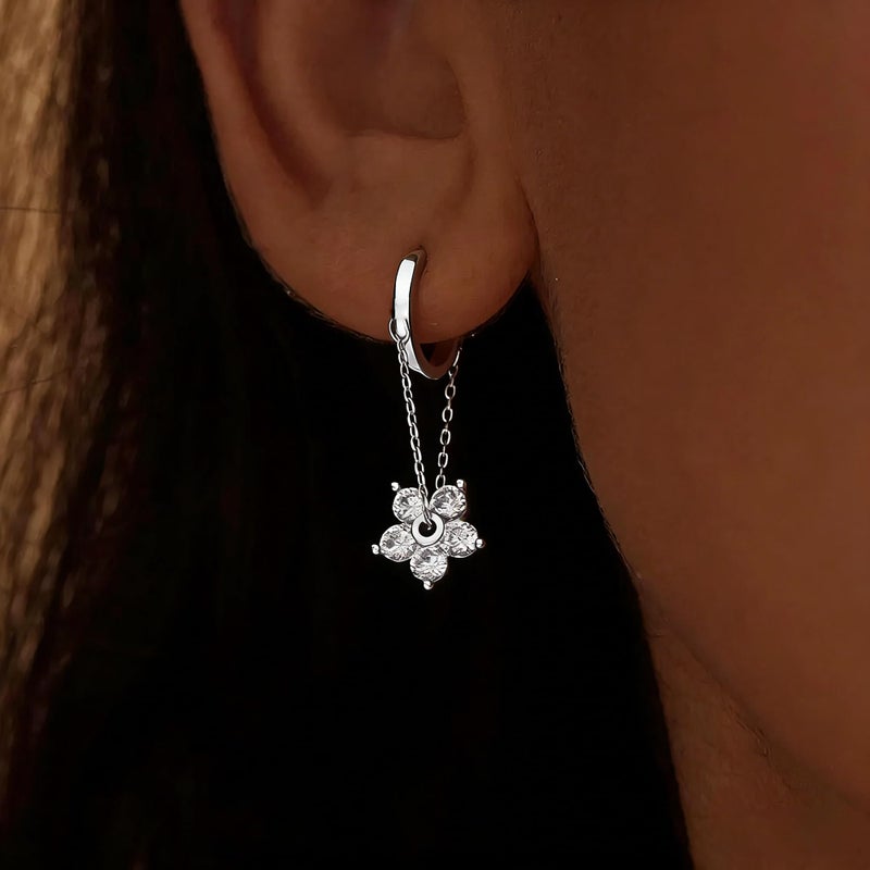 AYWFCBF Dangle Earrings for Women Silver Cubic Zirconia Hoop Earrings Dainty Flower Diamond Drop Earring Wedding Jewelry for Brides - Image 2