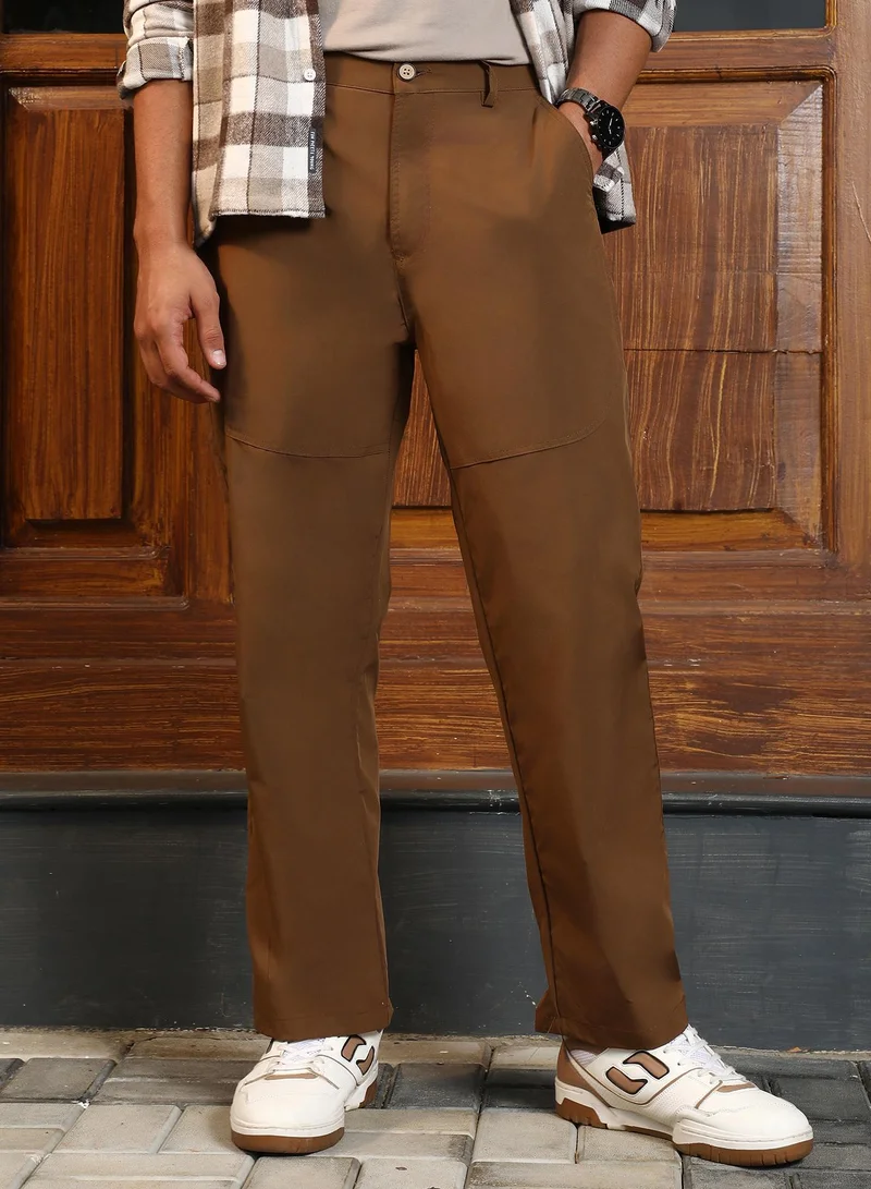 Campus Sutra Campus Sutra Men's Chocolate Brown Panelled Straight-Fit Trousers | Mid-Rise , Straight Hem , Button Closure , Straight-Fit | Solid Plain | Polyester Blend Trouser For Casual Wear