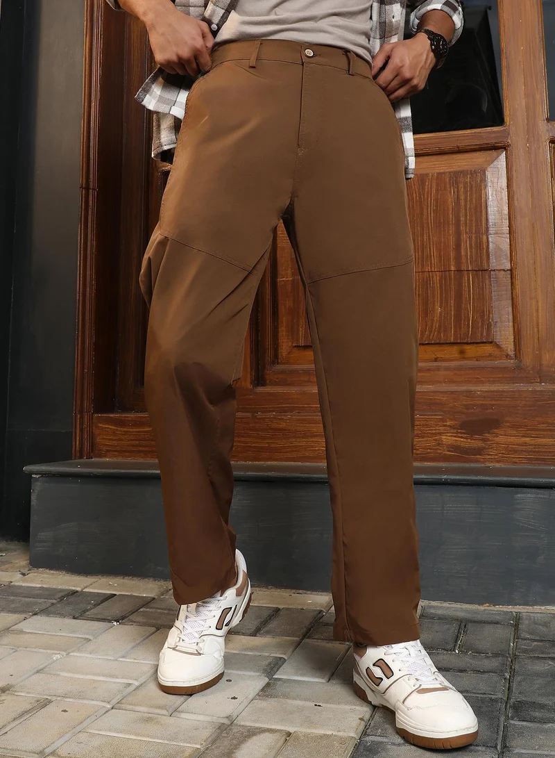 Campus Sutra Campus Sutra Men's Chocolate Brown Panelled Straight-Fit Trousers | Mid-Rise , Straight Hem , Button Closure , Straight-Fit | Solid Plain | Polyester Blend Trouser For Casual Wear