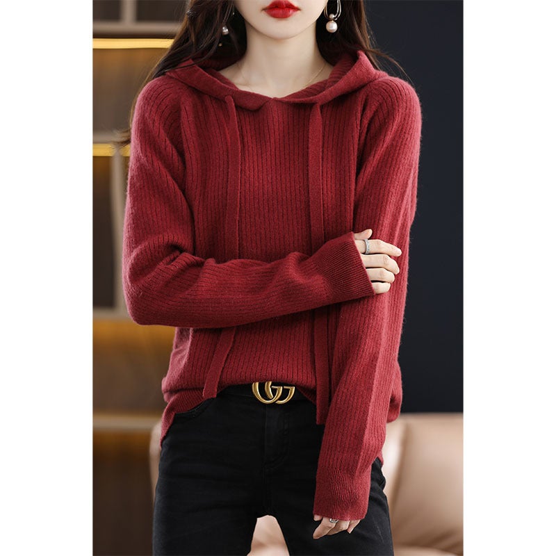 Casual hooded pure woolen sweater womens knitted sweater loose hooded sweater 2023 autumn and winter cashmere hoodie top Golden brown red 