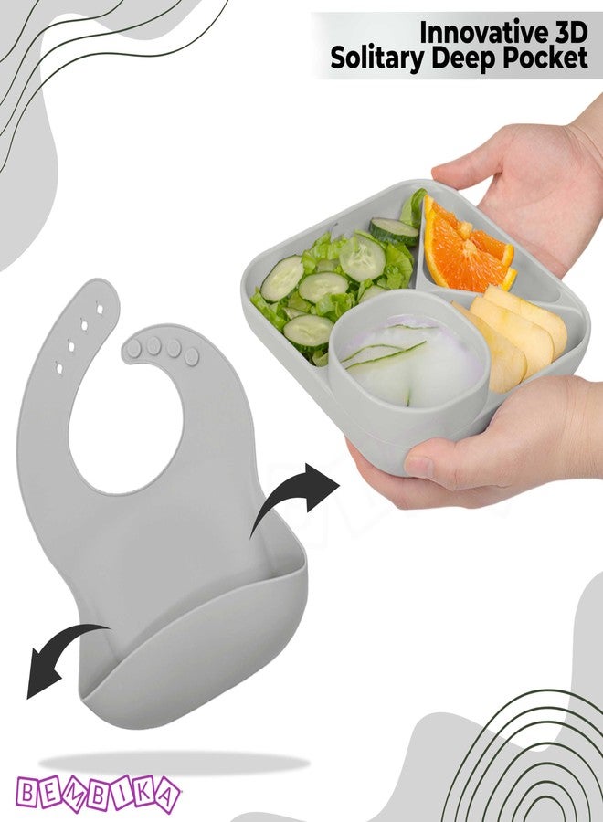 Bembika Baby Feeding Essential Baby Dinner Set Silicone Tableware Set for Baby Infant Training Eating Utensils - (Pack of 5)(Grey) - Image 5