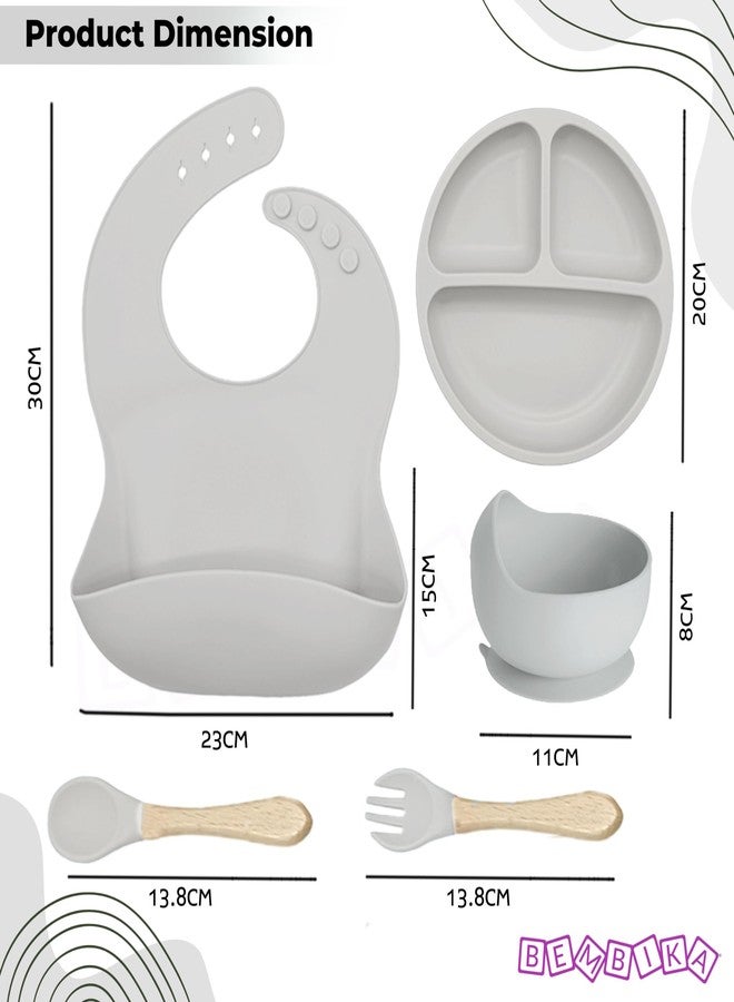 Bembika Baby Feeding Essential Baby Dinner Set Silicone Tableware Set for Baby Infant Training Eating Utensils - (Pack of 5)(Grey) - Image 3
