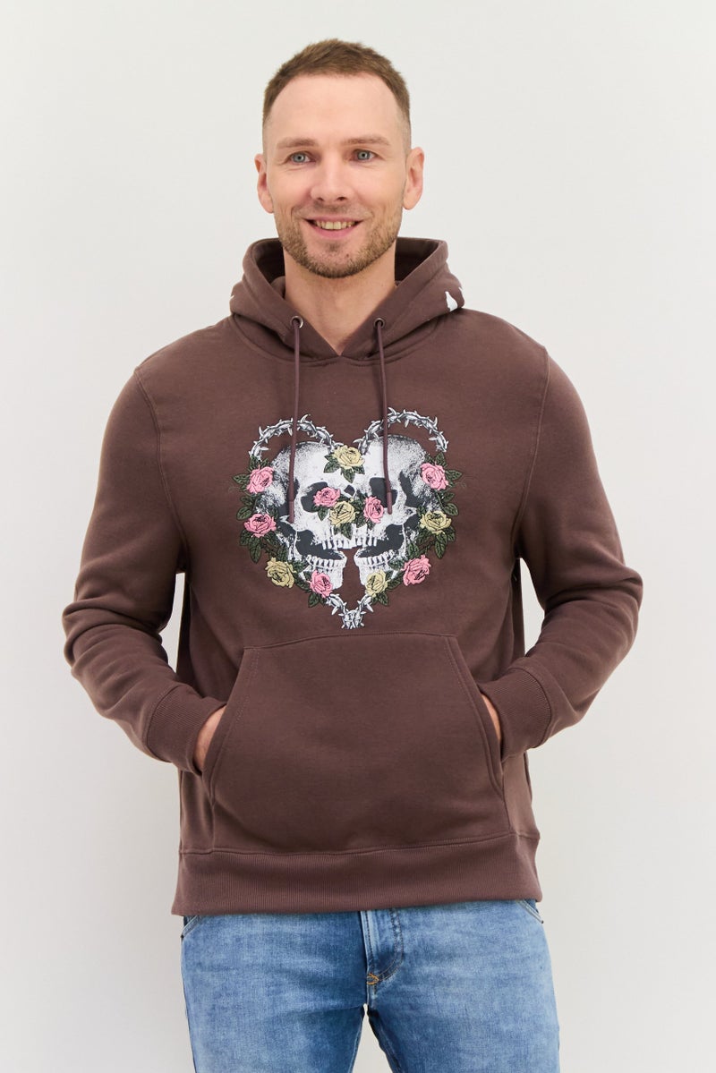 MEMBERS ONLY سويت شيرت رجالي بغطاء رأس بأكمام طويلة مزخرفة، بني - Image 1