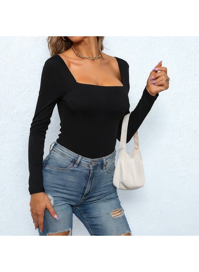 Jumpsuit Women's Wear Tight Boat Neck Ribbed Knit Bodysuit
