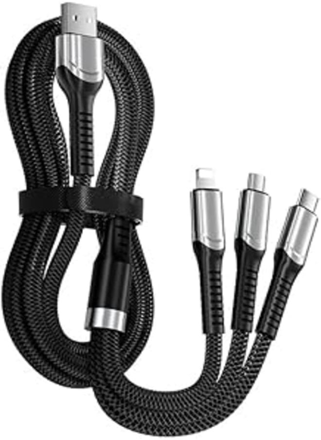 FASHION MANIA 3 in 1 200W USB Charger Cables Ultra-Fast Braided Nylon Charging Cable, Universal Multiple Ports Charging Cord with Type-C, Micro USB and IP Port for Cell Phones and More-1.3 M 