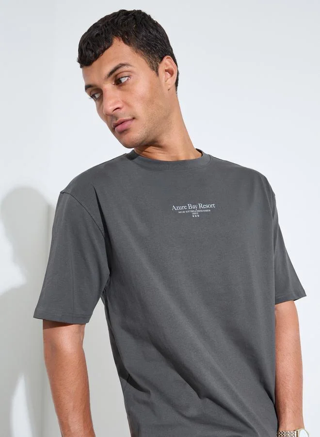 Styli Grey Slogan Print Crew Neck Oversized T-Shirt