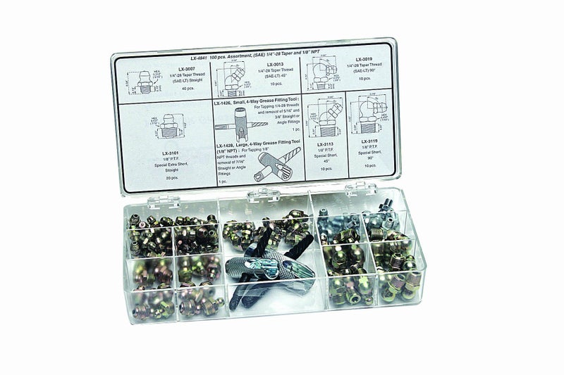 LUMAX لومكس LX-4841 ذهب/فضة (SAE) 1/4"-28 مخروط و 1/8" P.T.F. مجموعة 100 قطعة من ملحقات الشحوم. - Image 1