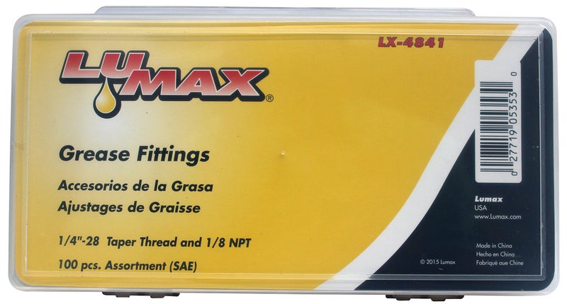LUMAX لومكس LX-4841 ذهب/فضة (SAE) 1/4"-28 مخروط و 1/8" P.T.F. مجموعة 100 قطعة من ملحقات الشحوم. - Image 4