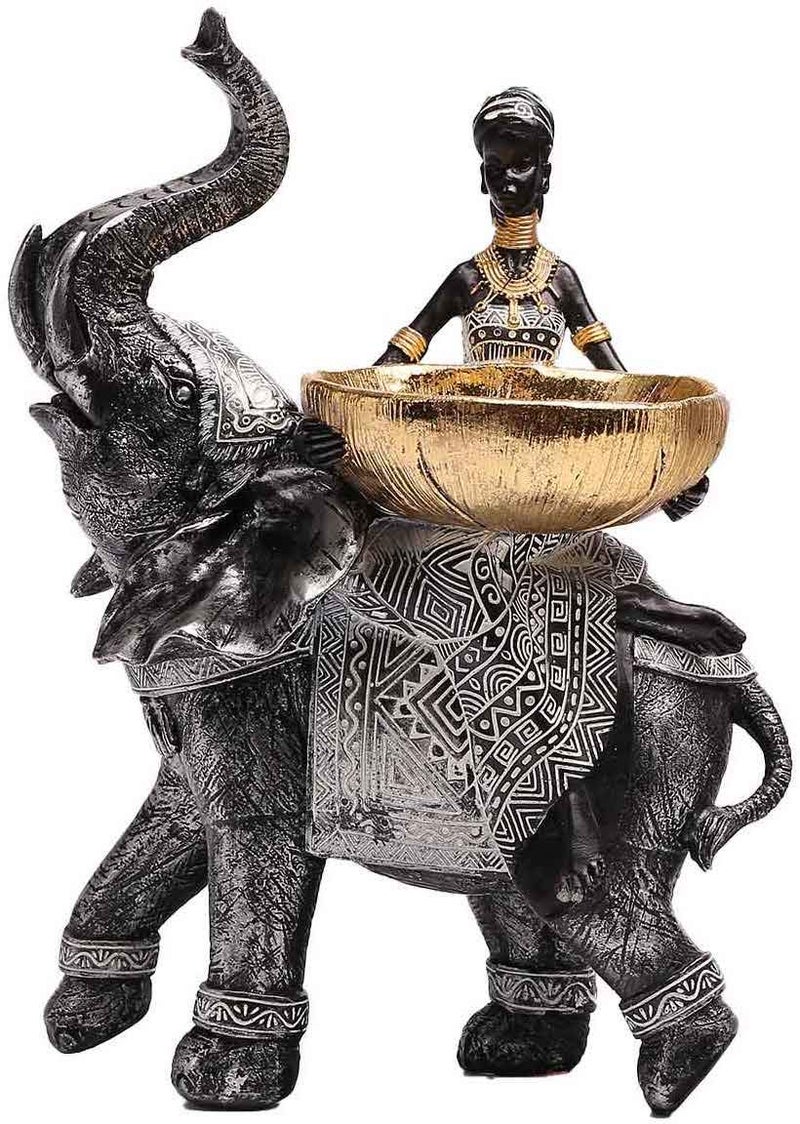 Lescafita African Design Silver African Elephant and Tribal Lady Figurines with Tribal Totem Animal and Women Decor Art Sculptures Holder Statues for Home and Table Decor 911Black