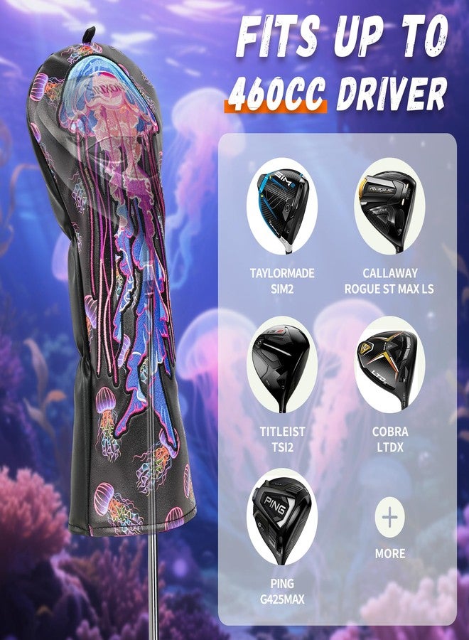 LZFAN Golf Club Head Covers Driver Fairway Wood Hybrid Golf Club Headcover Leather Protector Heavy Embroidered Colorful Jellyfish (Driver) - Image 2