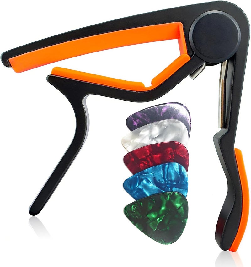 Wingo Guitar Capo for Acoustic and Electric Guitars with 5 Picks for Free, Black with Orange Rubber. - Image 1