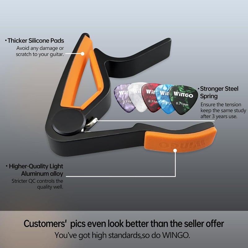 Wingo Guitar Capo for Acoustic and Electric Guitars with 5 Picks for Free, Black with Orange Rubber. - Image 2