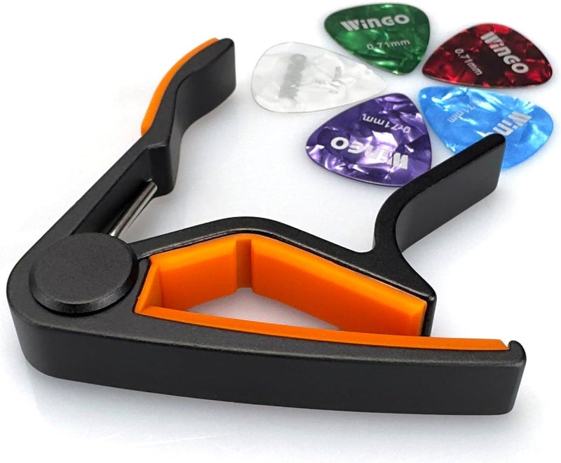Wingo Guitar Capo for Acoustic and Electric Guitars with 5 Picks for Free, Black with Orange Rubber. - Image 3