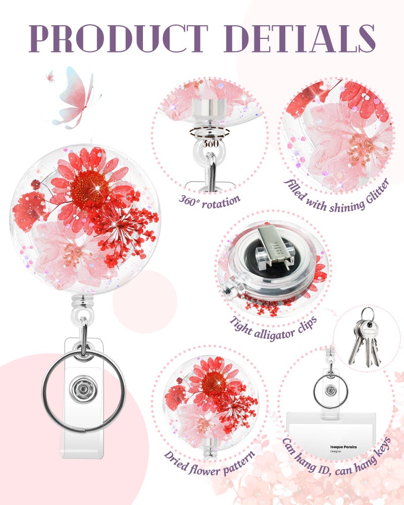 KJQJLY 3 Pcs Cute Flower Badge Reels Retractable for Nurse, Dried Floral Resin Badge Holder with Key Ring, Decorative Nursing Badge Clip for Women Doctor Teacher ID Card(Round 1) - Image 3