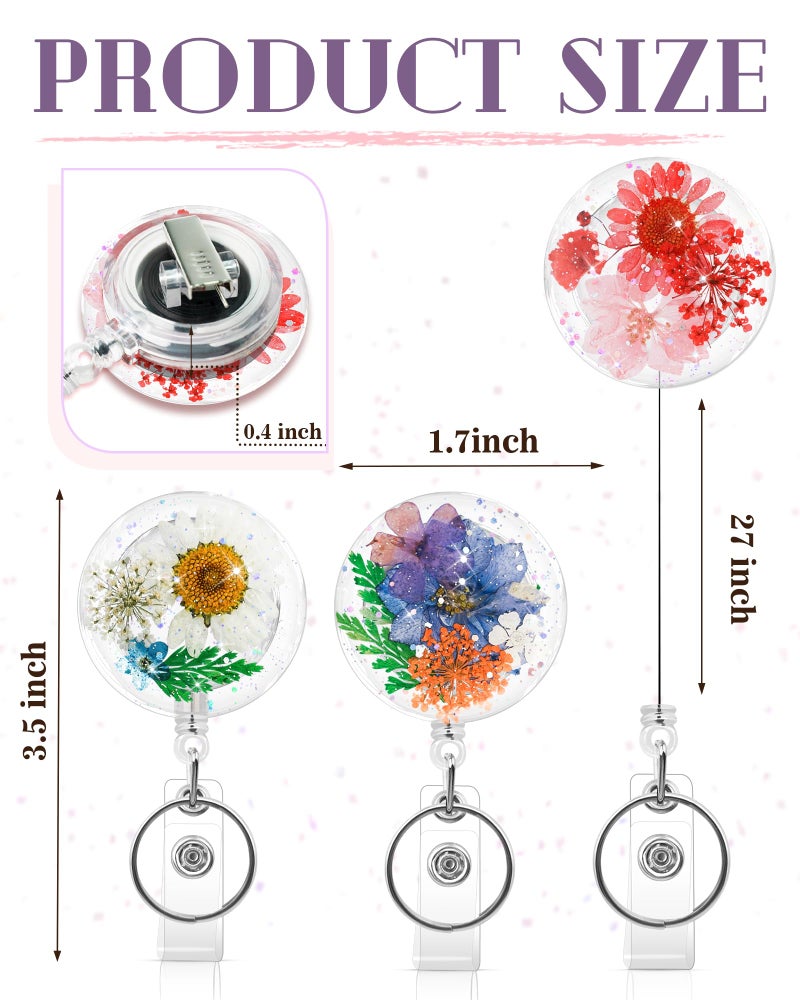 KJQJLY 3 Pcs Cute Flower Badge Reels Retractable for Nurse, Dried Floral Resin Badge Holder with Key Ring, Decorative Nursing Badge Clip for Women Doctor Teacher ID Card(Round 1) - Image 2