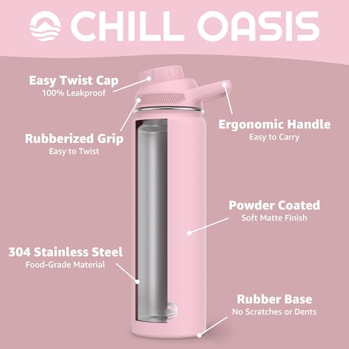 Chill Oasis Water Bottle | Compatible With Popular Flavor Cartridges | BPA Free, Leak Proof, Double-Walled Vacuum Insulated Stainless Steel, and Dishwasher Safe | Cold for 24 Hours (Pink, 22oz) - Image 3
