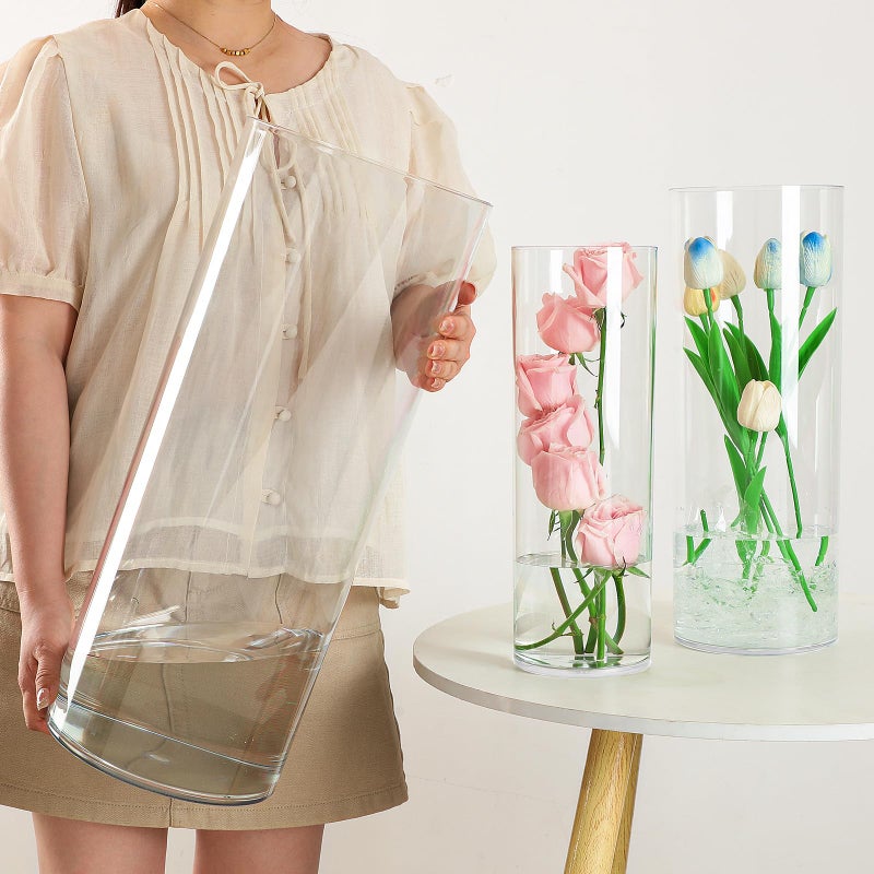 Liotww Extra Large Acrylic Cylinder Clear Vase for Floor, 20 in Tall Big Wide Mouth Plastic Unbreakable Hurricane Flower Vases of 3 for Home Decor (D 8", D 6", D 4.8" + 2 Holder) - Image 1