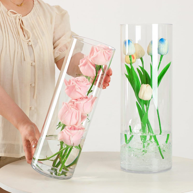 Liotww Extra Large Acrylic Cylinder Clear Vase for Floor, 20 in Tall Big Wide Mouth Plastic Unbreakable Hurricane Flower Vases of 3 for Home Decor (D 8", D 6", D 4.8" + 2 Holder) - Image 3