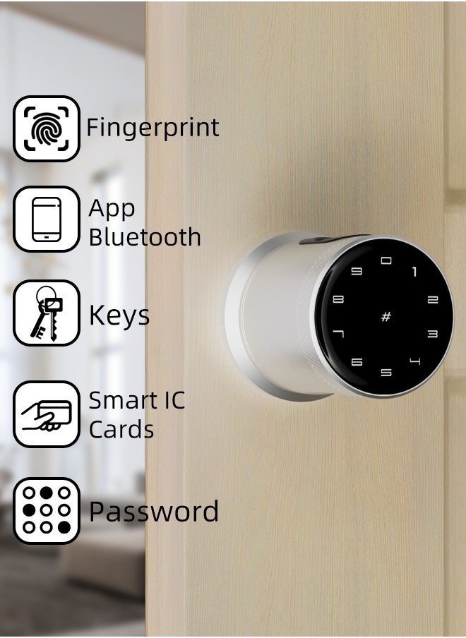 ALINK - Smart Door Lock Smart Lock, Smart Biometric Door Knob with Voice Function, Aluminum Alloy Smart Door Knob with 5 Ways to Unlock (TTlock App/IC Card/Fingerprint/Password/Keys) for Entry Gate/Bedroom/Office ,Silver - Image 1
