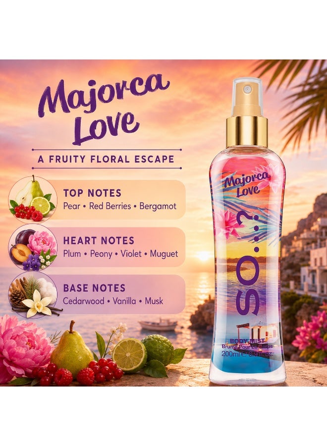 So..? SO…? Summer Escapes Majorca Love Body Mist for Women, Fruity Vanilla & Musky Long-Lasting Fragrance Spray with Red Berries, Pear & Plum, Perfume Gift for Women & Teen Girls, 200ml, Pack of 2 - Image 2