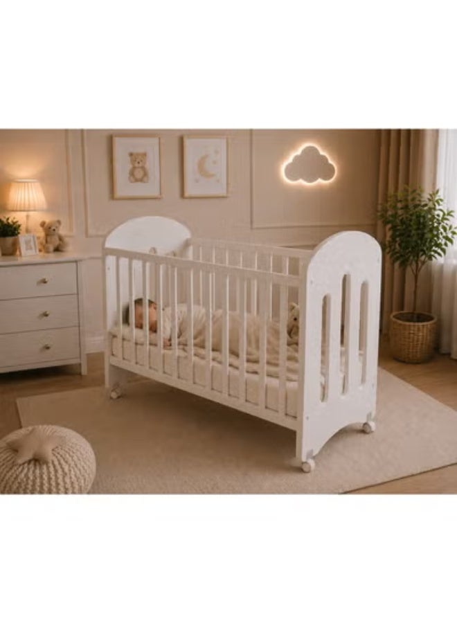 Crest J Premium White Baby Crib with Wheels 123.6×66×99 cm – Safe Mobile Design & Easy Assembly - Image 1