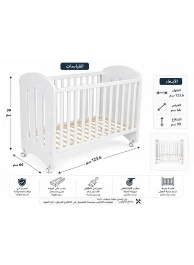 Crest J Premium White Baby Crib with Wheels 123.6×66×99 cm – Safe Mobile Design & Easy Assembly - Image 5