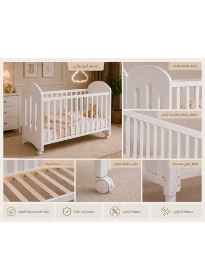 Crest J Premium White Baby Crib with Wheels 123.6×66×99 cm – Safe Mobile Design & Easy Assembly - Image 4