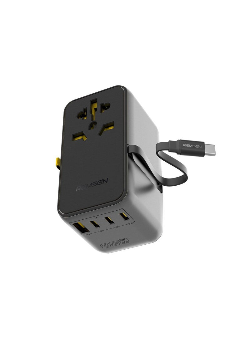 Remson - Remson Omni Plug 85W GaN Travel Adapter Power Delivery with Built-in Retractable USB-C Cable for Rapid Charging / 3 USB-C Ports/ 1 USB-A Port and 1 2500W AC Socket - Image 1