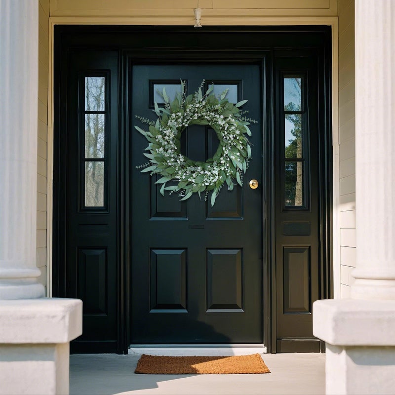 YXZZWL 26'' Eucalyptus and Babys Breath Flowers Wreath for Front Door - Large Artificial Greenery Outdoor Wreath for Porch,Window,Farmhouse,Home,Hanging Decor- Spring, Summer, All Seasons (Green-White) - Image 2