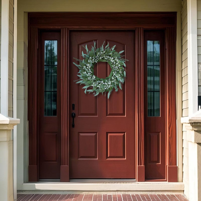 YXZZWL 26'' Eucalyptus and Babys Breath Flowers Wreath for Front Door - Large Artificial Greenery Outdoor Wreath for Porch,Window,Farmhouse,Home,Hanging Decor- Spring, Summer, All Seasons (Green-White) - Image 3
