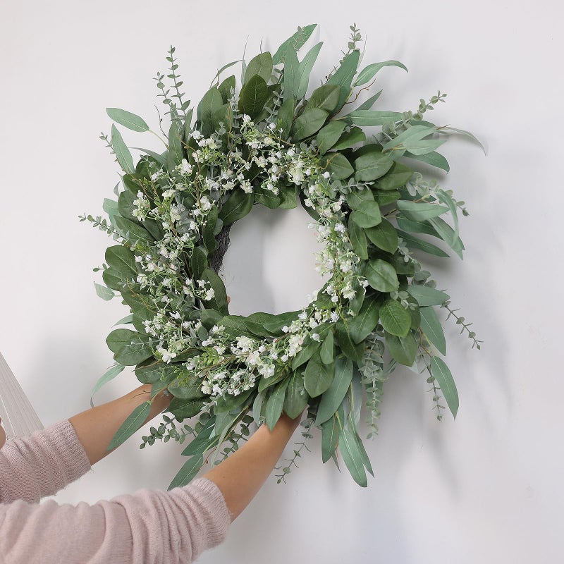 YXZZWL 26'' Eucalyptus and Babys Breath Flowers Wreath for Front Door - Large Artificial Greenery Outdoor Wreath for Porch,Window,Farmhouse,Home,Hanging Decor- Spring, Summer, All Seasons (Green-White) - Image 4