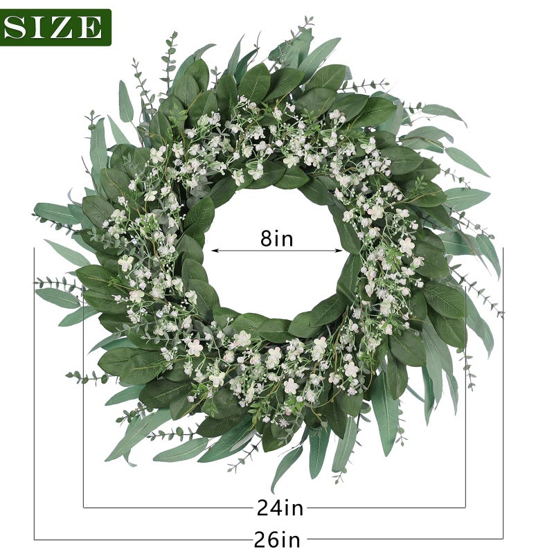 YXZZWL 26'' Eucalyptus and Babys Breath Flowers Wreath for Front Door - Large Artificial Greenery Outdoor Wreath for Porch,Window,Farmhouse,Home,Hanging Decor- Spring, Summer, All Seasons (Green-White) - Image 5