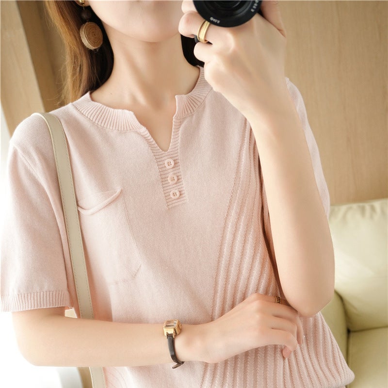 Summer Cotton and Linen V-neck Short-sleeved Knitted T-shirt Womens 2023 New All-match Loose Cotton Half-sleeved Womens Top for Hair lotus root apricot 