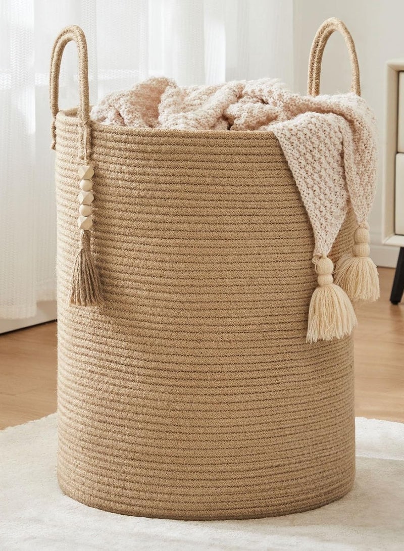 تابيت سلة تخزين سلال منسوجة لتخزين سلة من الحبال القطنية للألعاب والملابس والأحذية ومنظم مع مقابض وغرفة المعيشة وديكور المنزل وسلال منسوجة للتخزين (بني 50 * 40 سم) - Image 1