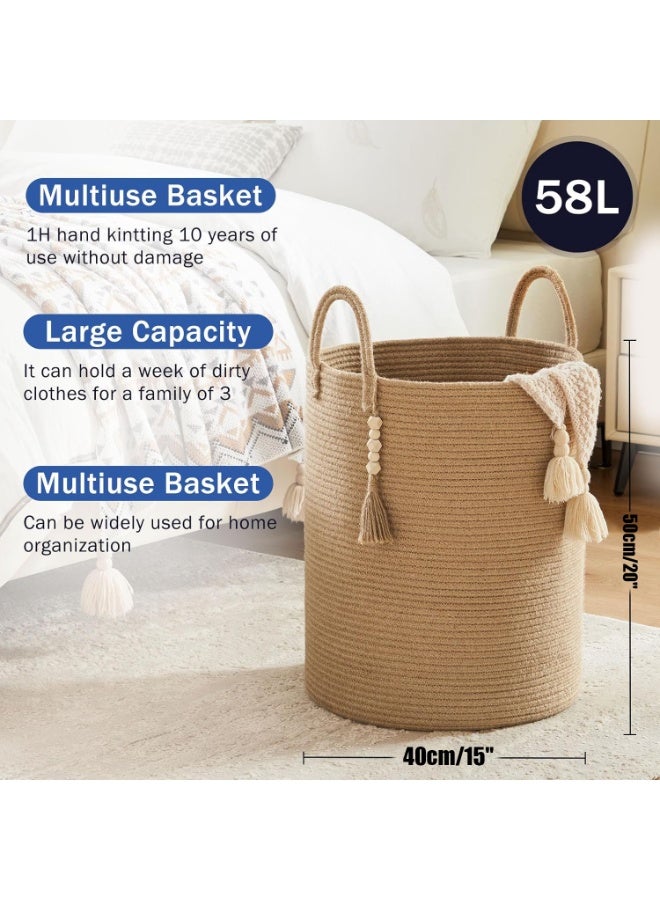 تابيت سلة تخزين سلال منسوجة لتخزين سلة من الحبال القطنية للألعاب والملابس والأحذية ومنظم مع مقابض وغرفة المعيشة وديكور المنزل وسلال منسوجة للتخزين (بني 50 * 40 سم) - Image 5
