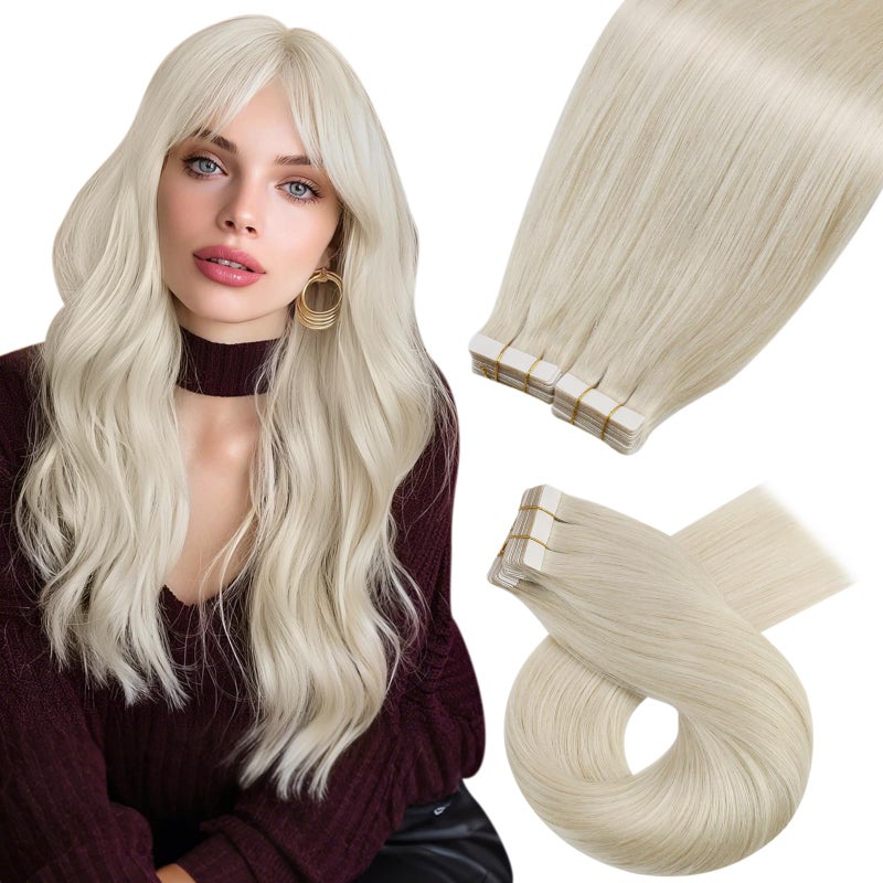 Moresoo Tape in Extensions Human Hair Blonde Hair Extensions Tape in Real Human Hair White Blonde Remy Straight Glue in Extensions 40 Pieces 60A 60g 12 Inch
