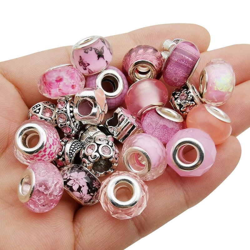 50pcs Assorted Pink Resin Imitation Glass European Large Hole Beads Rhinestone Metal Spacer Charms Bead Assortments for DIY Crafts Bracelets Necklaces Jewelry Making M567Pink
