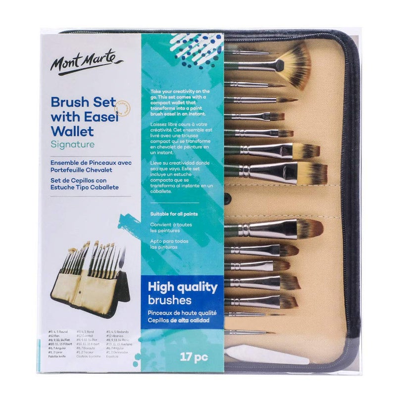 Mont Marte Mont Marte Signature Brush Set with Wallet 17 Piece Suitable for Oil Acrylic Watercolor and Gouache Paint Easel Wallet Included 