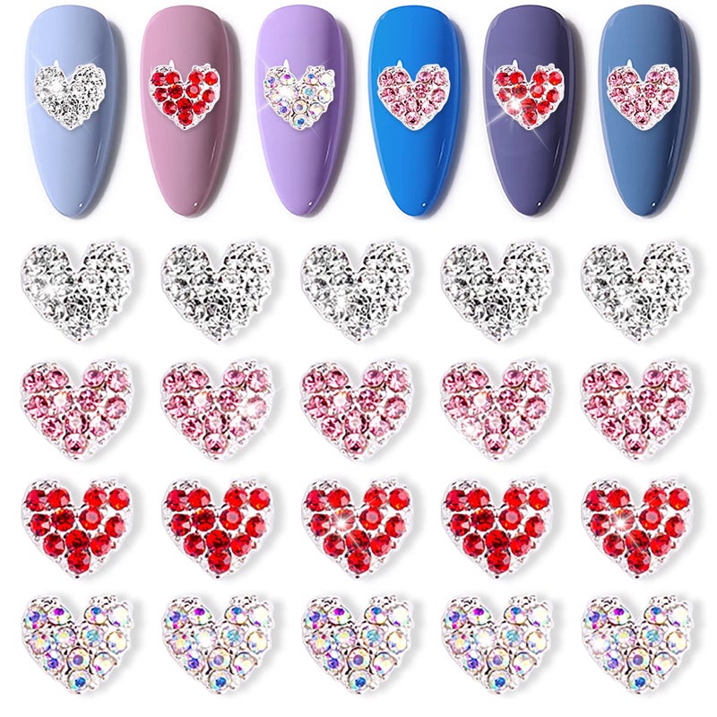 WOKOTO 20 Pcs 3D Heart Nail Charms Silver Nail Heart Charms for Nail Art Jewels Valentines Day Nail Gems and Rhinestones Heart Charms for Nails Heart Nail Art Gems 3D Heart Rhinestones for Nails