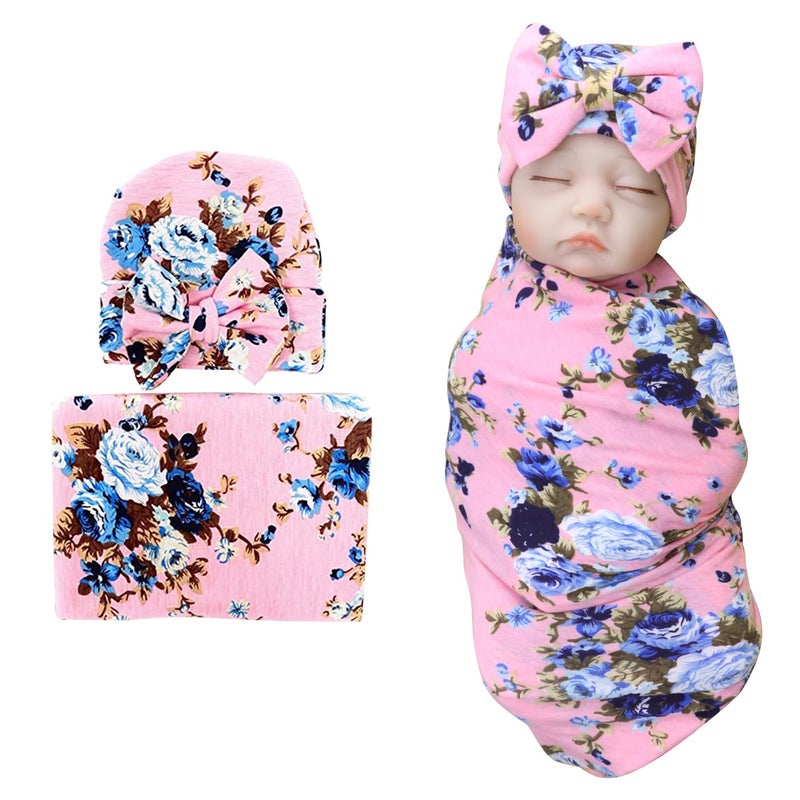 DRESHOW BQUBO Newborn Receiving Blanket with Bow Hat Set Flower Print Baby Swaddle Blanket with Beanie Nursery Swaddle Wrap - Image 1