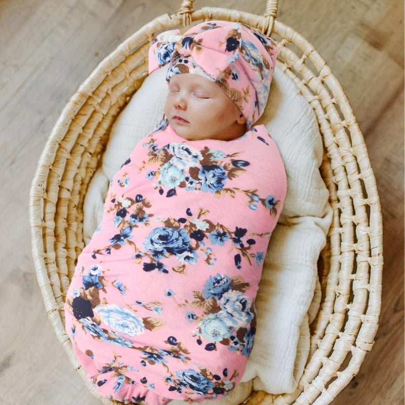 DRESHOW BQUBO Newborn Receiving Blanket with Bow Hat Set Flower Print Baby Swaddle Blanket with Beanie Nursery Swaddle Wrap - Image 2