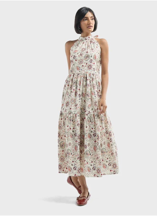 فاف Halter Neck Floral Print Tiered Dress