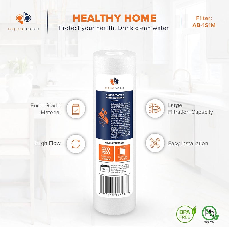 Aquaboon 10” x 2.5” Whole House and Reverse Osmosis Sediment 1 Micron Water Filter Cartridge - 4-Pack - Image 4