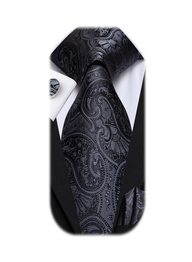 Dubulle Men's Silk Solid Paisley Necktie Set with Pocket Square Cufflinks, F Black, M - Image 1