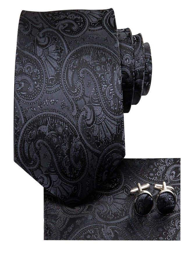 Dubulle Men's Silk Solid Paisley Necktie Set with Pocket Square Cufflinks, F Black, M - Image 2