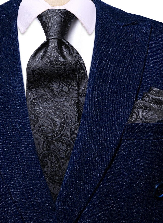 Dubulle Men's Silk Solid Paisley Necktie Set with Pocket Square Cufflinks, F Black, M - Image 3